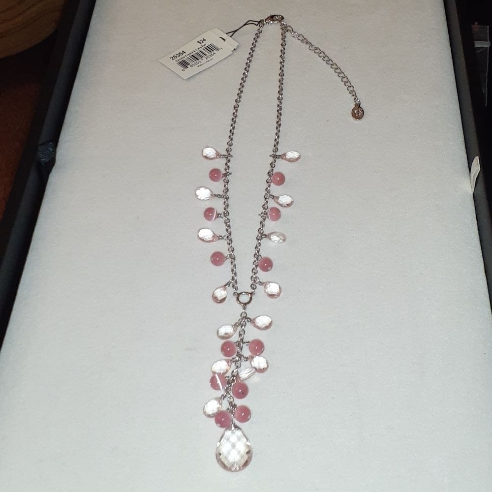Genuine‎ Crystal & Cat's Eye Necklace Pink & Clear Dangle Drop Silver Tone